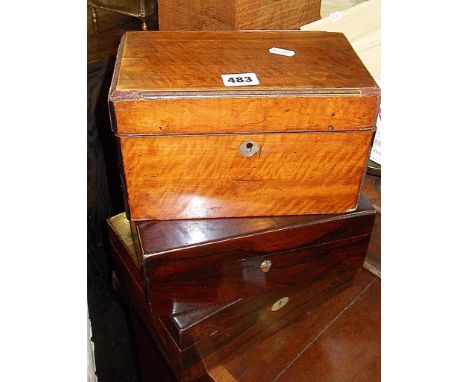 Victorian rosewood jewellery box, another similar and a walnut tea caddy box