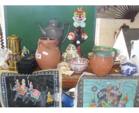 Replica miner's lamp, lacquer boxes, assorted pottery jugs and two Indian paintings on silk, etc.