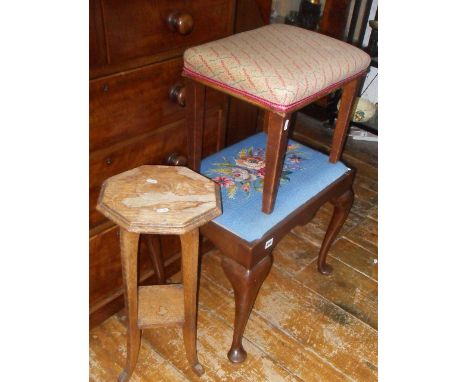 Mahogany stool on cabriole legs with tapestry seat, another stool and a small wine table