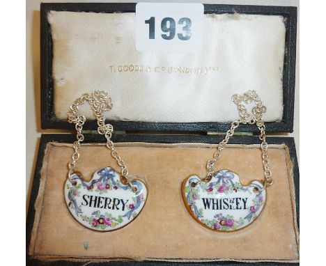 Antique enamel spirit or decanter labels in case - T. Goode & Co., Sherry and Whiskey