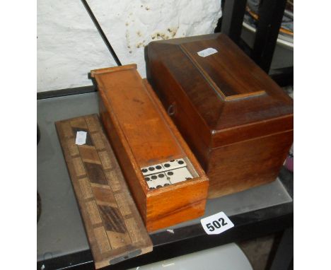 Victorian mahogany tea caddy box, cribbage board and set of dominoes