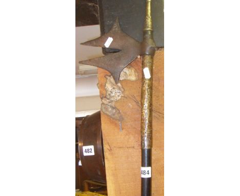19th c. Indo Persian Islamic Bullova or Tongi steel-bladed fighting or war axe from Chota Nagpur in India, with ornate brass 