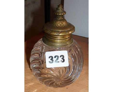 Victorian spiral glass inkwell with brass lid