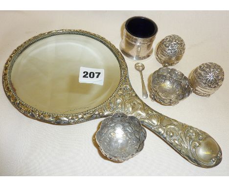 Repousse silver hand mirror, Indian silver salts and pepper pots, hallmarked silver salt with blue glass liner
