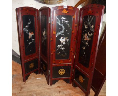 Four fold Japanese lacquer firescreen with mother of pearl decorated panels