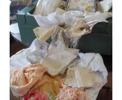 Two large boxes of assorted textiles and table linen