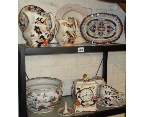 Collection of Masons Ironstone china, inc. mantle clock, chamber pot, jugs etc (12 pieces)
