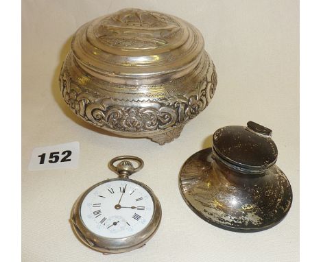 Chinese silver repousse lidded pot, hallmarked silver Capstan inkwell and a silver pocket watch