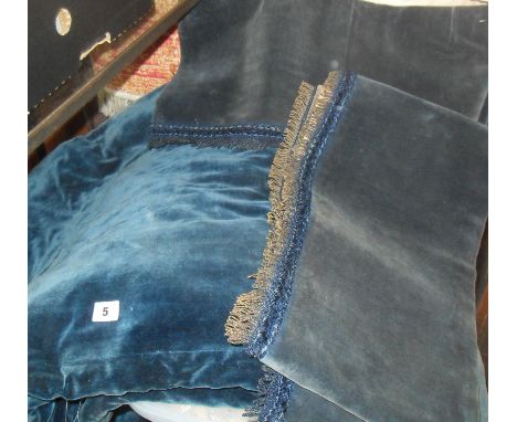 Pair of heavy dark blue velvet curtains with matching pelmets
