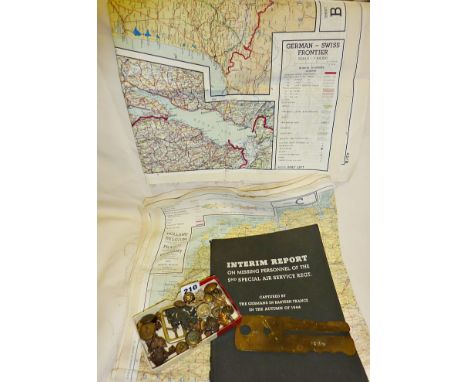 WW2 silk map scarves x 2, Interim Report on Missing Personnel Copy 11, brass button polisher, military buttons and badges, et