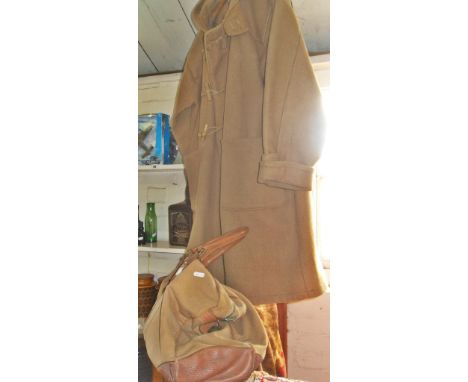 Vintage clothing: Camel coloured wool duffel coat, c. WW2 (possibly military, label illegible). Together with a canvas and le