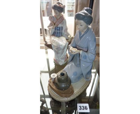 Lladro figure of geisha doing tea ceremony and another similar