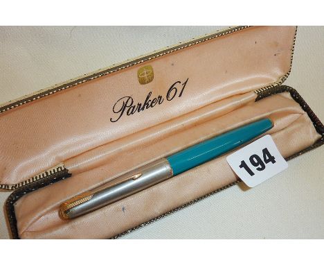 Parker 61 teal green fountain pen in case (hood arrow missing)