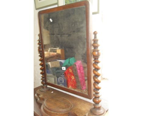 Large Victorian mahogany dressing table mirror with turned barleytwist supports on shaped platform base