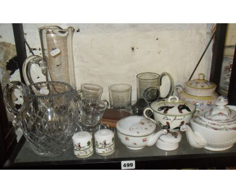 Shelf of assorted china and glass inc. feeding cup, Quimper style pot and cut glass water jug, etc.