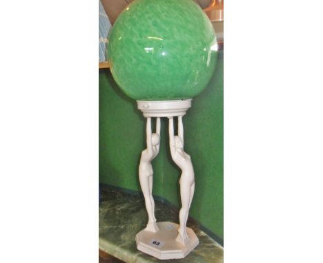 1920's FrankArt Art Deco lamp with two nudes holding a green crackle glass globe. Appears to have been repainted in white