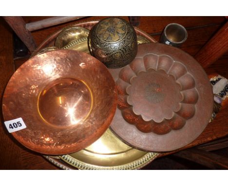 Assorted Indo-Persian metalware, trays, dishes, enamel bowl, etc.