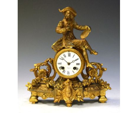 J.W. Benson (retailer) - French gilt metal mantel clock having white enamel dial, Roman numerals, 32cm high  