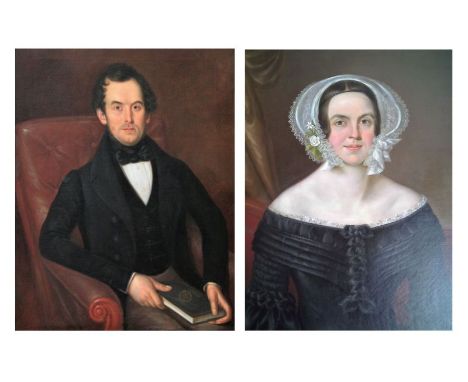 English School (19th Century) - Two oil on canvas portraits circa 1840 - Lady wearing a black dress, and an elaborate Contine