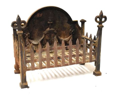 Cast iron fire grate having neo classical fire back, 59cm wide x 26cm deep  