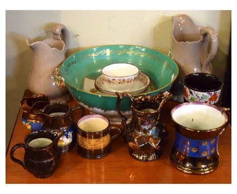 Assorted ceramics to include; Victorian copper lustre pottery, early 19th Century tea bowl and two saucers, etc  