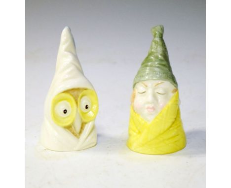 Two Royal Worcester porcelain candle snuffers, Owl and Mr. Caudle (2)  