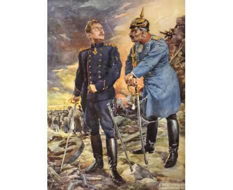 Signed Bernard Partridge print titled 'Unconquerable' depicting Kaiser Wilhelm and the King of the Belgium's, measures approx