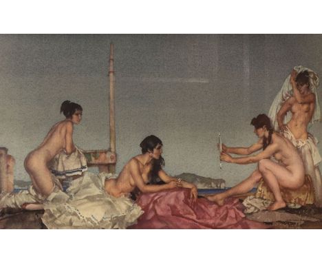 After Sir William Russell Flint, unsigned coloured print - 'The Silver Mirror', 27cm x 43.5cm, framed and glazed  