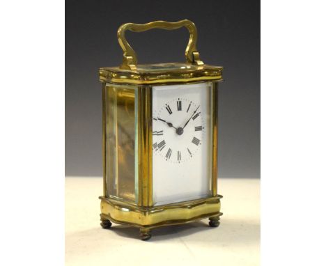 Early 20th Century brass-cased carriage clock, with white Roman dial and single-train timepiece movement in Louis XV Doucine 