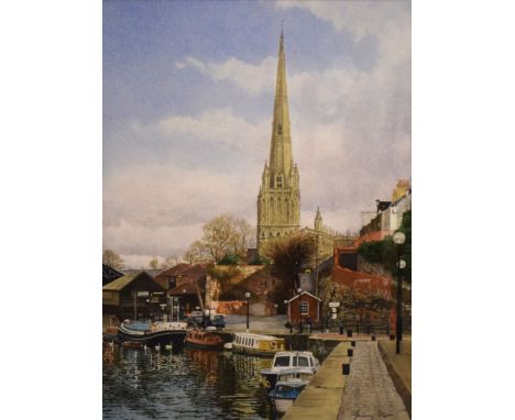 Jeremy Storr - Watercolour - Merchants Quay and St Mary Redcliffe Church, Bristol, 36cm x 27.5cm, framed and glazed  