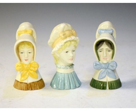 Three Royal Worcester porcelain candle snuffers, Old Woman, Mob Cap, and Young Girl (3)  
