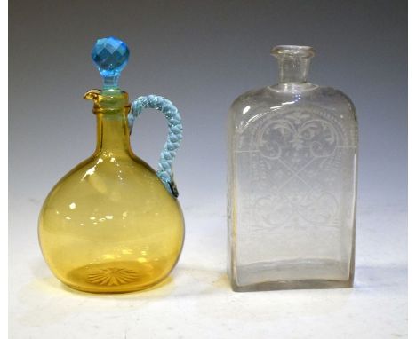 19th Century amber glass decanter bottle with turquoise rope-twist strap handle and faceted turquoise stopper, 23cm high, tog