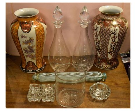 Nailsea type glass rolling pin, pair of glass decanters, pair of Oriental ceramic vases etc  