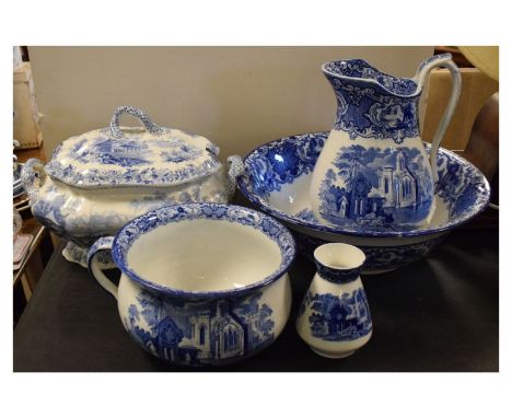 George Jones &amp; Sons Abbey pattern jug and basin and chamber pot with toothbrush holder, and a 'Rose &amp; Violet' pattern
