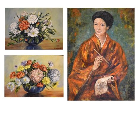 20th Century oil on board - Portrait of a Japanese female scribe, signed with initials AMB lower right, 65cm x 44.4cm, in gil