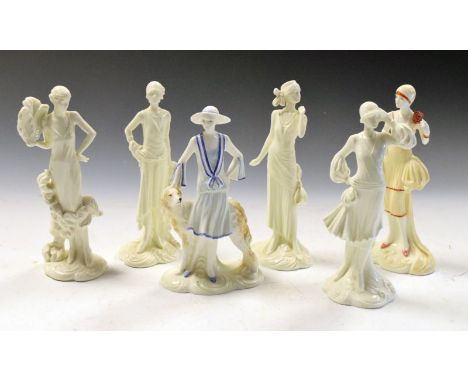 Six Royal Worcester Art Deco-style figurines comprising: Daisy 1922, Constance 1924, Clara 1925, Millie 1926, Annie 1927 and 