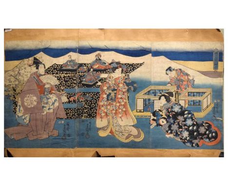 Japanese woodblock print depicting courtesans, 33cm x 74cm, unframed  