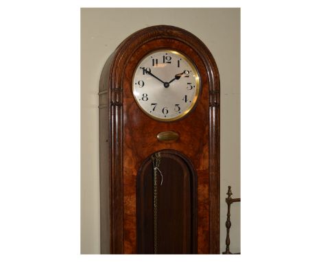 Gustav Becker - 1920's period oak cased and burr walnut veneered longcase clock having arched top, silvered dial with GB anch