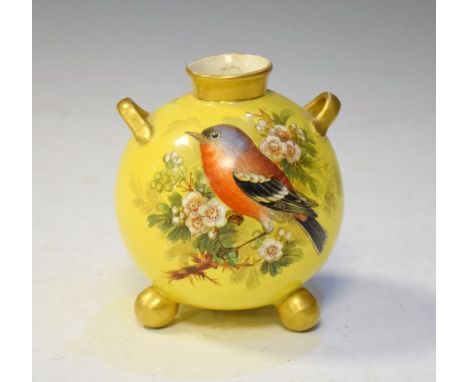 Late Victorian Royal Worcester porcelain vase of spherical form decorated with a Chaffinch bird and a Blue Tit on a yellow gr