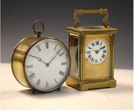 Early 20th Century brass-cased carriage clock, white circular Roman dial with gilt surround, single-train timepiece movement,