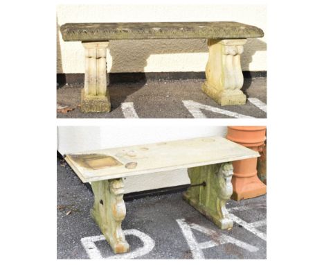 Composite stone bench, 115cm wide and a similar larger bench/table on monopodia supports, 125cm wide  