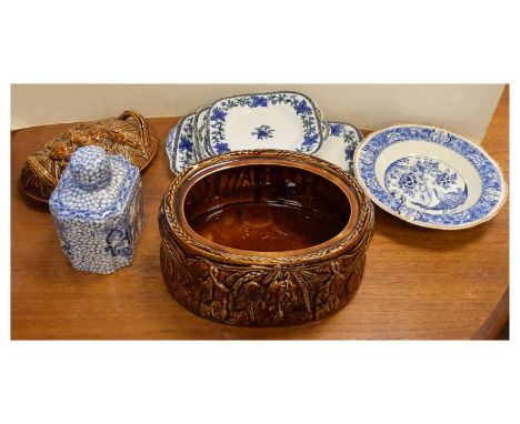 Portmeirion treacle glaze game dish and cover, an Adams Willow pattern and cracked ice transfer printed tea caddy and cover, 