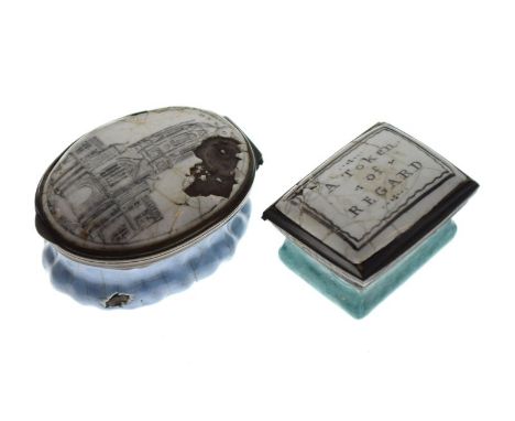 Two George III Bilston-type enamel boxes comprising: a rectangular example, 'A Token of Regard', 3.7cm wide and another oval,