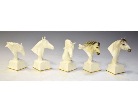 Five Royal Worcester porcelain equestrian busts depicting horses Astrope, Bronte, Phlegon, Eous, and Chronos, largest 13.5cm 