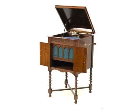 Lissenola oak-cased floor-standing wind-up gramophone cabinet with integral speaker  