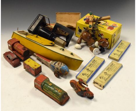 Mixed quantity of vintage 20th Century toys to include tin plate clockwork toys, Hornby Meccano speed boat, boxed Pelham pupp