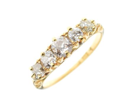 Yellow metal and five-stone diamond ring, set five old European cut stones within scroll setting, stamped 18, size M, 3.2g gr