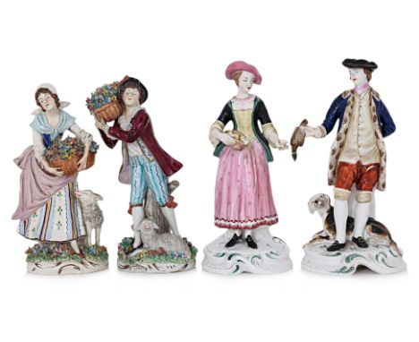 TWO PAIRS OF EUROPEAN PORCELAIN FIGURES
Comprising a pair of Spode 'Chelsea Figures', early 20th Century, in the 18th Century