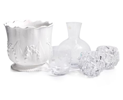 A GROUP OF TIFFANY & CO HOMEWARES
Comprising an Italian white ceramic bud form jardiniere, a carafe and glass set with engrav