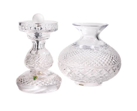 A WATERFORD CRYSTAL TABLE LAMP
In two sections with mushroom shade and baluster base, Singapore electrical plug, with label a